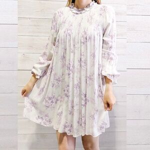 En Creme White & Purple Floral Dress Tunic Size Small